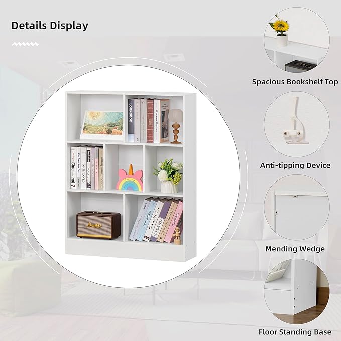 YAHARBO White 7 Cube Bookshelf, 3 Tier Modern Horizontal Bookcase, Wooden Low - Image 6