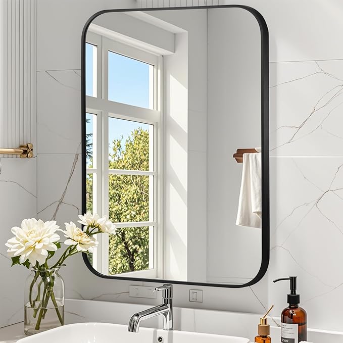 Matte Black Mirror, Metal Frame Rectangle Corner Vanity Mirror, Wall Mounted by JENBELY