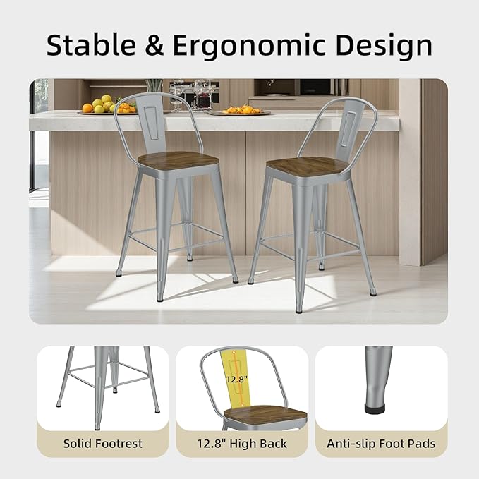 Metal Bar Stools Set of 4, High Back Bar Stools - Image 4