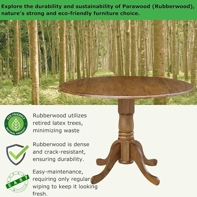 42" Round Dual Drop Leaf Pedestal Dining Table Solid Wood, Easy Assembly - Image 3