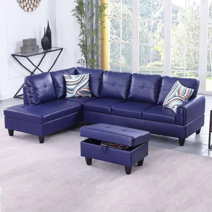 Blue L-Shaped 3-Piece Faux Leather Sofa by Unknown