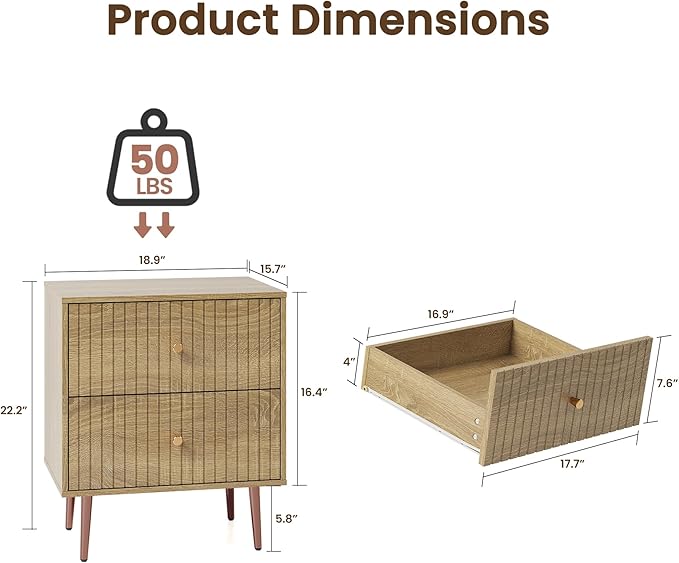 Wood Night Stand Set 2, Modern Bedside Table - Image 2