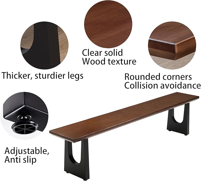 Walnut Color Long Bench Solid Wood Top Metal Legs U-Shaped Design Durable - Image 4