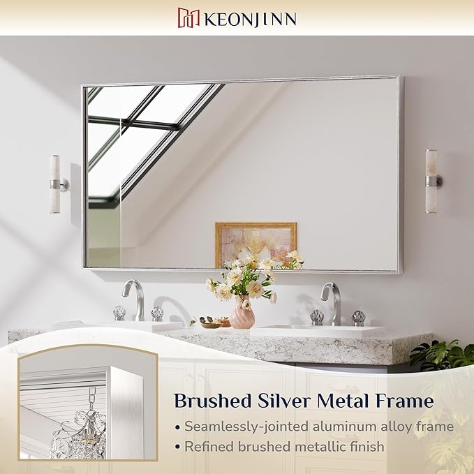 Keonjinn 55 x 30 in Brushed Silver Bathroom Vanity Mirror, Large Silver Framed - Image 6