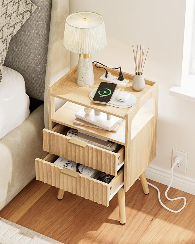 Nightstand with Charging Station and LED Lights, Modern Bedside Table with - Image 6