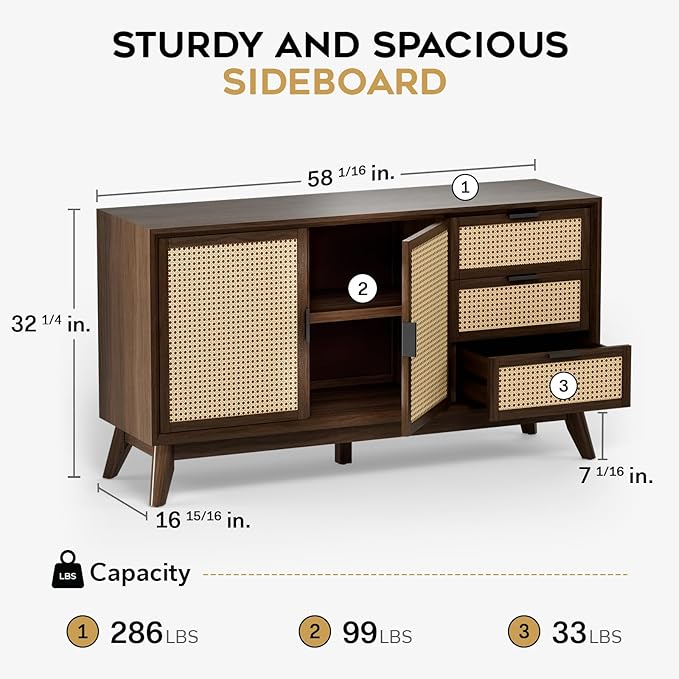 Bme Jasper Sideboard with 3 Drawers & 2 Rattan Doors, Buffet Cabinet with - Image 2
