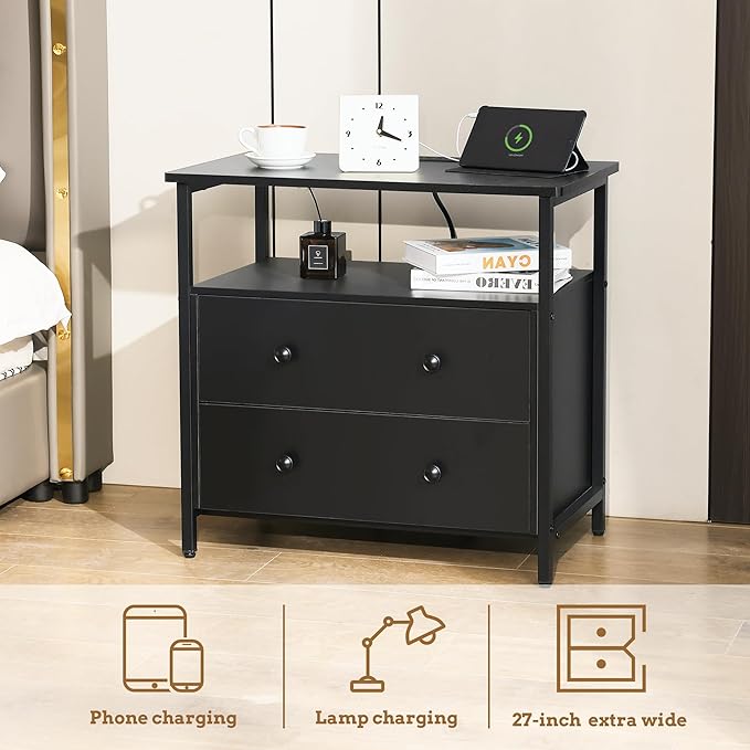 27 inch Wide Nightstand with Charging Station, Bedside Table with Open Shelf - Image 4