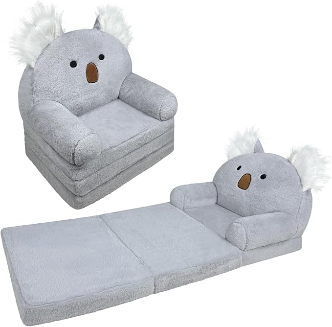 Toddler Chair with Faux Rabbit Fur – 2-in-1 Foldable Kids Couch, Koalas Design by QIUODO