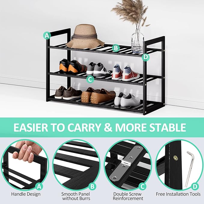 Bamboo Shoe Rack for Entryway, Stackable 3 Tier Shoe Organizer Shelf Storage - Image 7