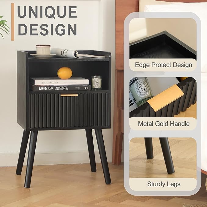 AWASEN Black Fluted Nightstand, Modern Bedside Table - Image 4