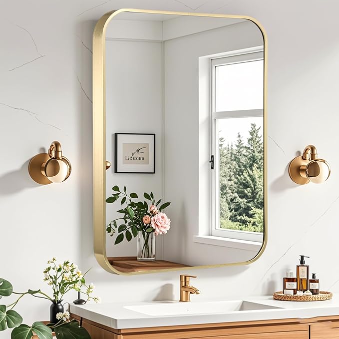 Gold Bathroom Mirror, 24x32 Inch Brushed Gold Mirror, Aluminum Alloy Framed by CLBA