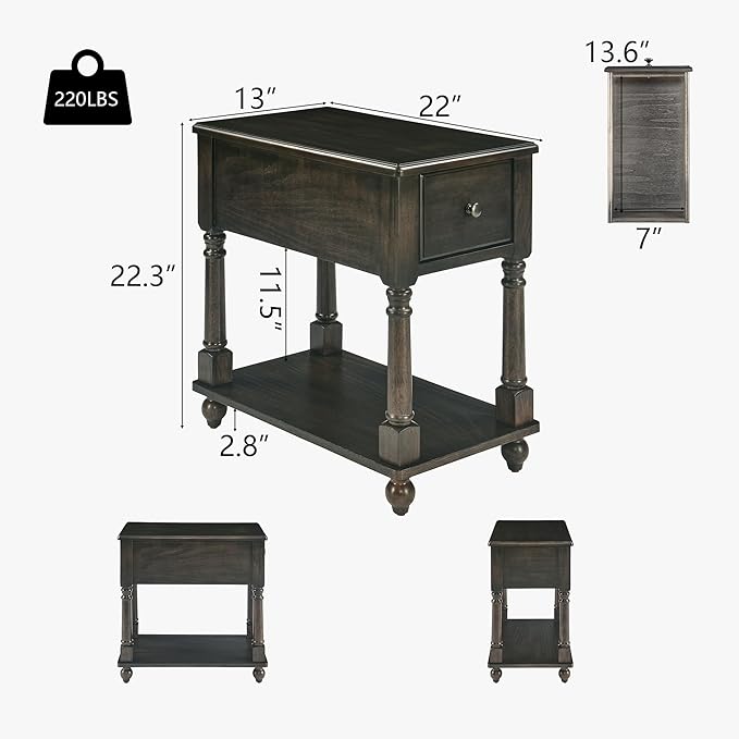 Narrow End Table with Drawer and Open Storage Shelf, Solid Wood Sofa Side Table - Image 2