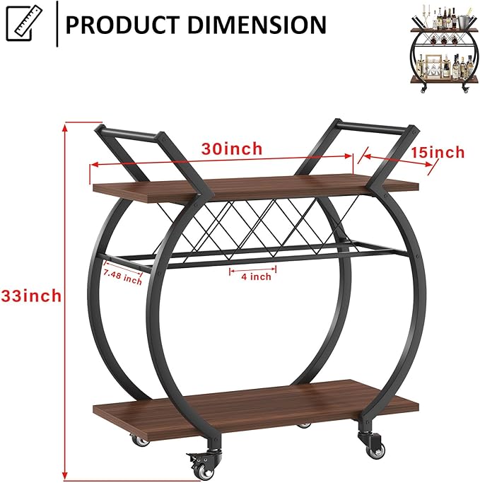 LVB Modern Gold Bar Cart, Industrial Rolling Serving Wine Cart - Image 2