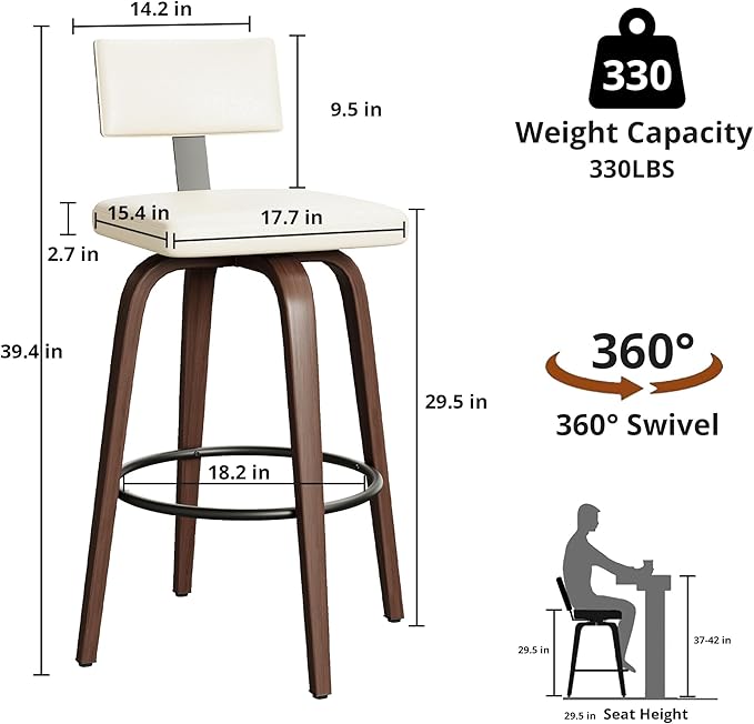 IRONCK Counter Height Bar Stools Set of 2, Wood Texture Bent Legs, Mid-Century - Image 2