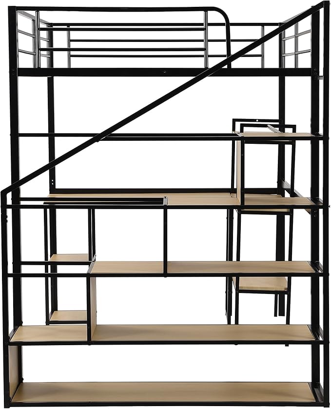 Full Size Metal Loft Bed with Staircase, Full-Length Guardrails, a Built-in - Image 6