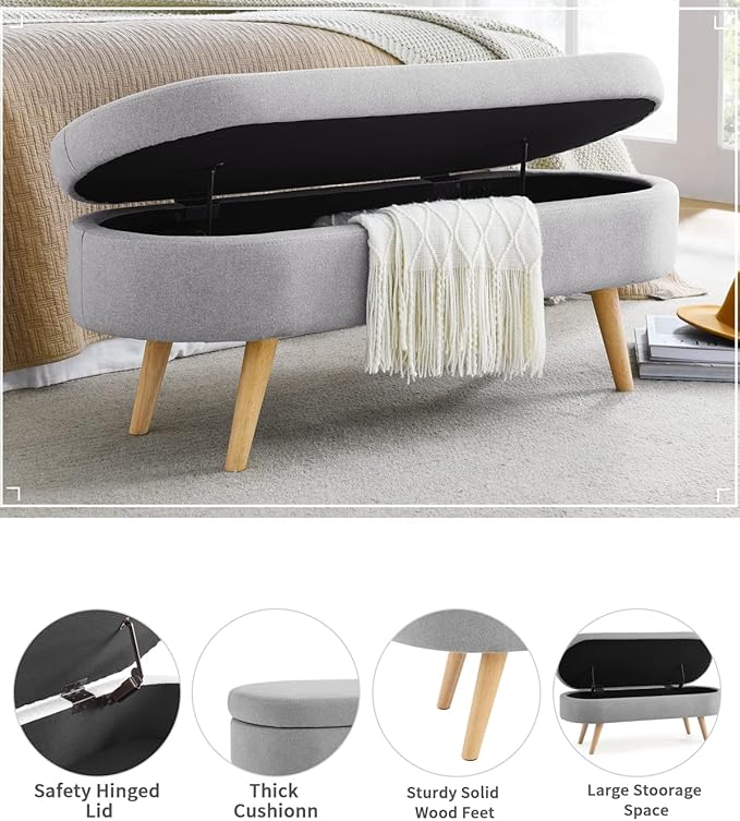 Oval Storage Bench 43.5" Linen Fabric Upholstered Entryway Bench - Image 4