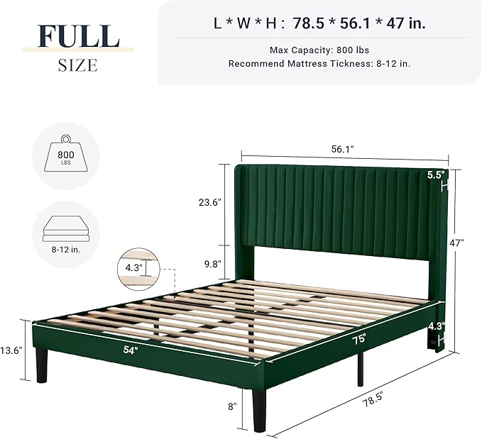 Allewie Full Size Bed Frame/Velvet Upholstered Platform Bed/Vertical Channel - Image 2