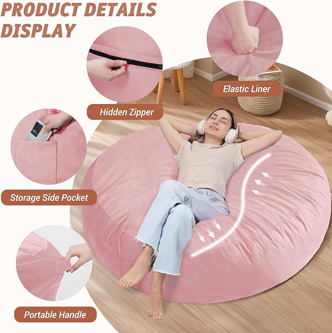 7FT Bean Bag Chair with Ultra Soft Velvet Cover Bean Bag Sofa with Memory Foam - Image 4