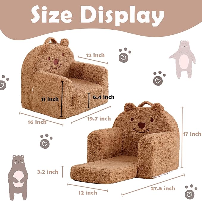 Toddler Chair, Sherpa Bear Kids Chair, Toddler Couch Fold Out, Children Reading - Image 3