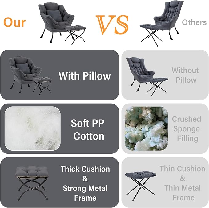Lazy Chair with Ottoman, Comfy Reading Lounge Chair with Footstool & Throw - Image 7