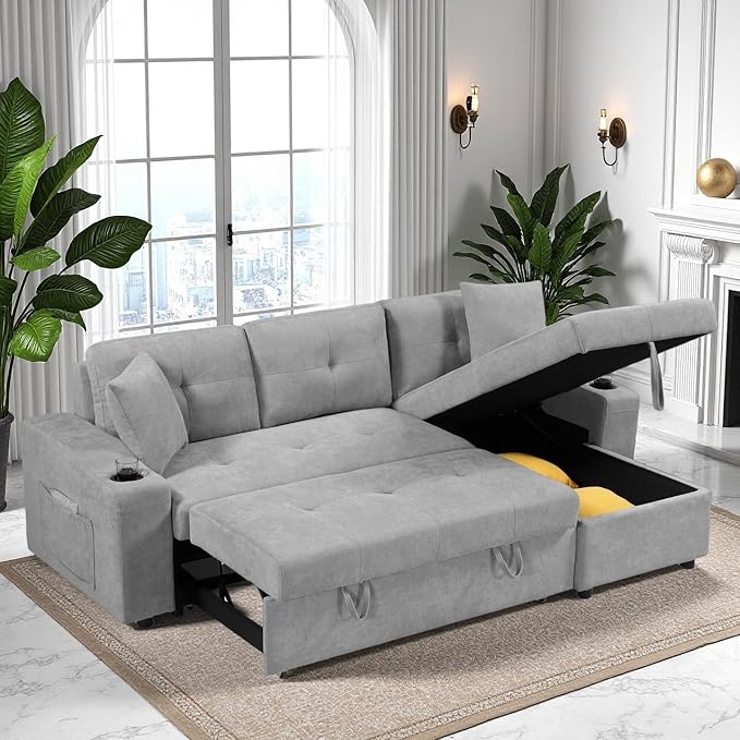 L Shape Pull Out Sofa Bed with Cup Holder, Convertible Sectional Couch with by ChicFurnit