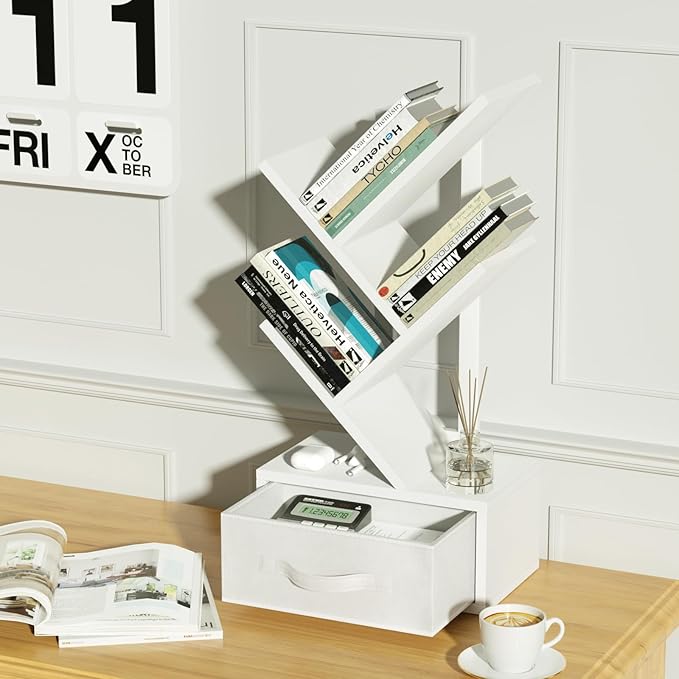 Small Bookshelf with Drawer, 4 Tier Tree Book Shelf, Wood Desk Bookshelves - Image 6
