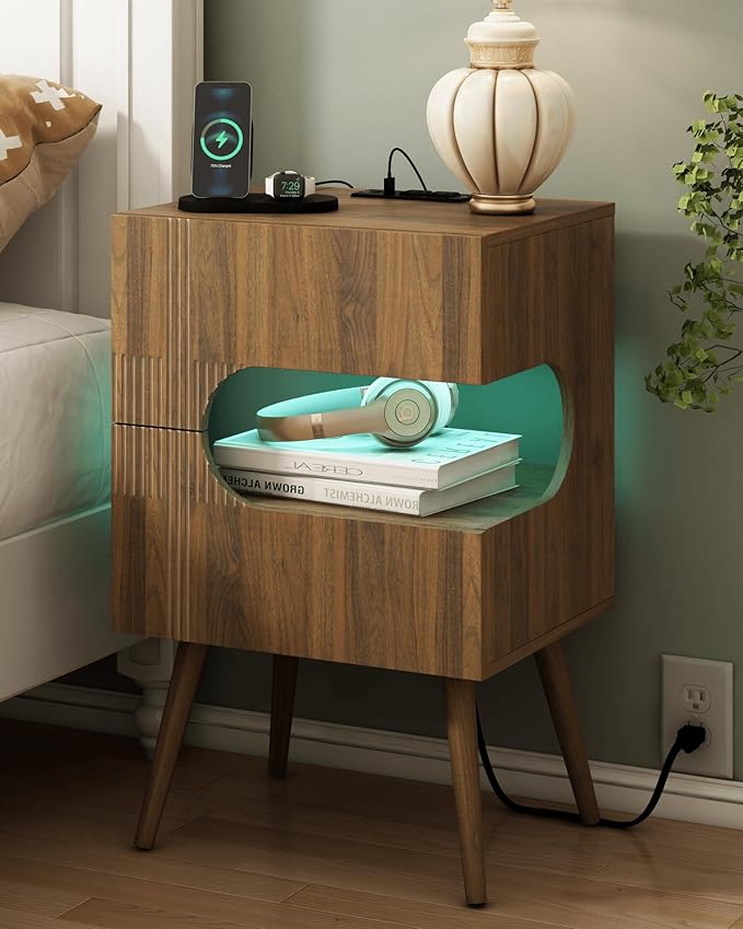 Nightstand with Charging Station and LED Lights, Modern Bedside Table with 2 by JOONEE