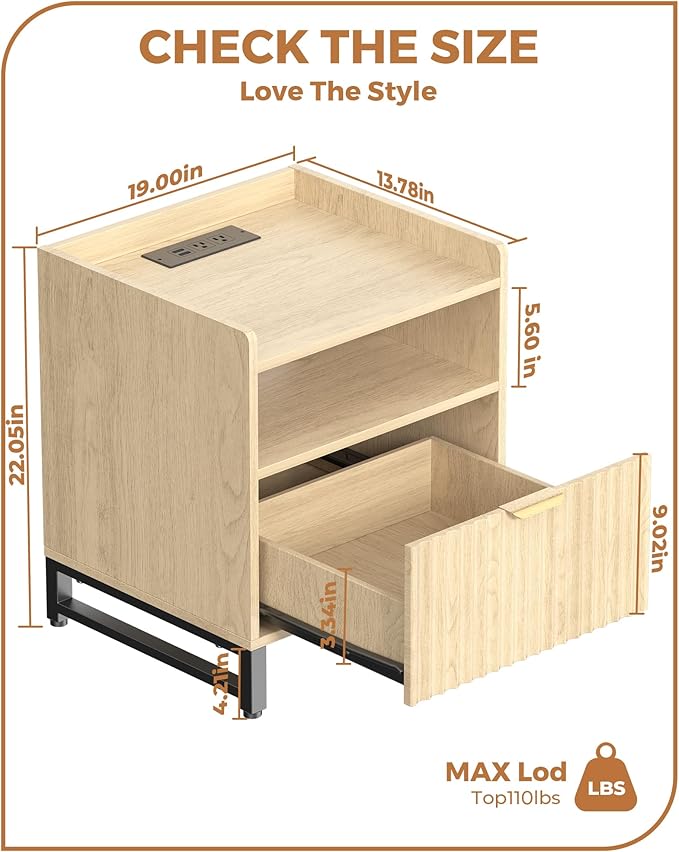 Fluted Night Stand Set 2 with Charging Station, Wood Nightstand with Large - Image 3