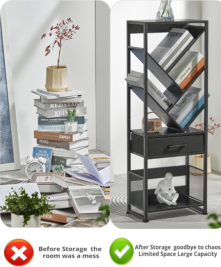 Bookshelf with Drawer, 8 Tier Tree Bookcase Retro Floor Standing Bookshelves - Image 5