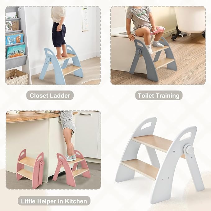 Wooden 2 Step Stool for Kids Bathroom Sink Foldable Anti-Slip 2-Step for Toilet - Image 2
