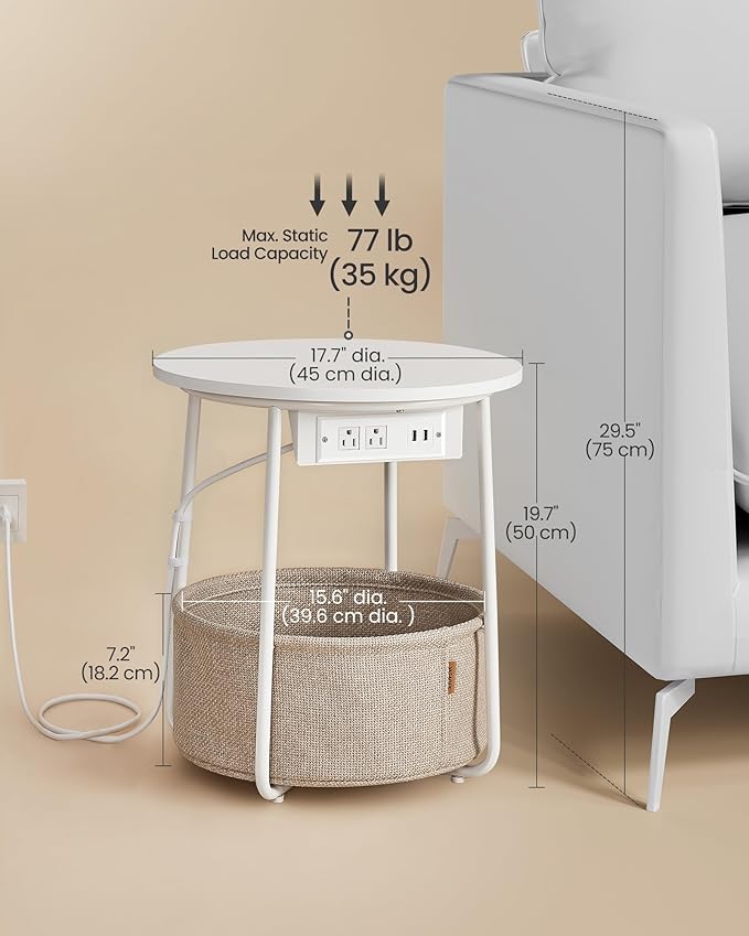 VASAGLE Side Table with Charging Station, Round End Table with Fabric Basket - Image 2