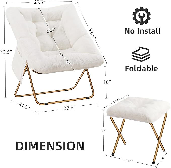 Comfy Saucer Chair for Adults, Foldable Living Room Chairs, Soft Faux Fur - Image 3