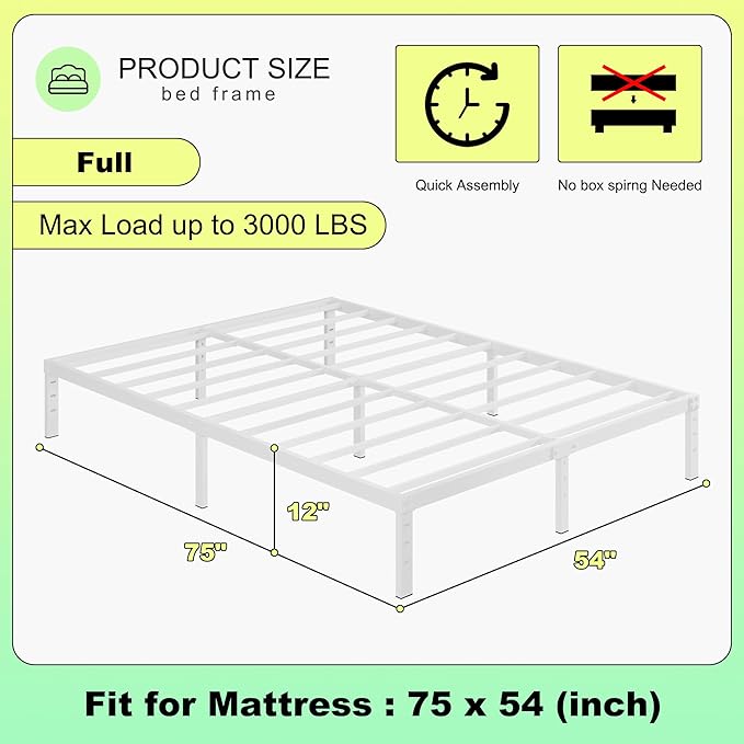 12 Inch White Full Size Bed Frame, Heavy Duty Bed Frame Full Size Mattress - Image 2