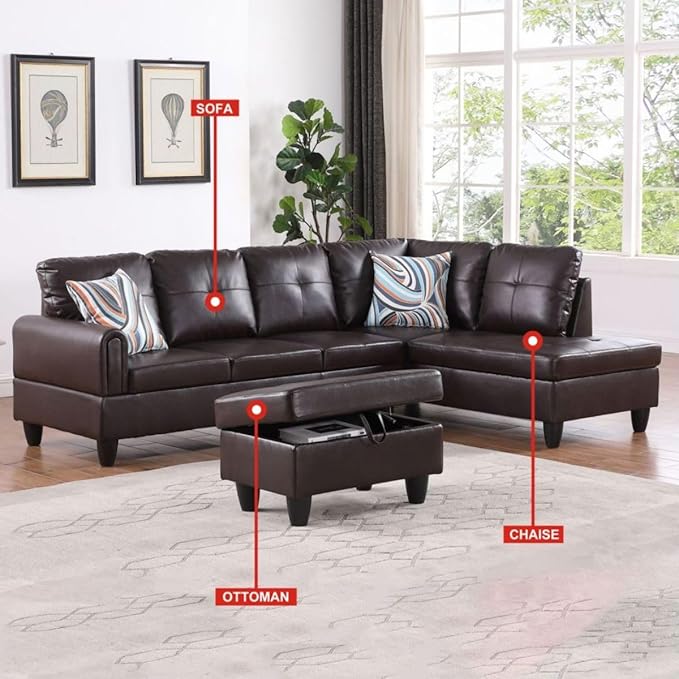 Brown L-Shaped 3-Piece Faux Leather Sofa - Image 3