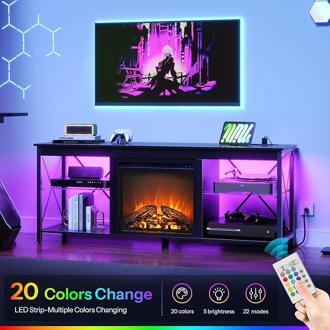 HOOBRO Fireplace TV Stand with Charging Station and LED Lights, TV Stand with - Image 8