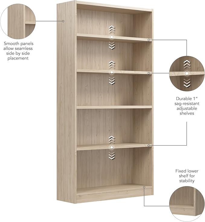 Bush Furniture Universal Tall 5 Shelf Bookcase in Natural Elm, Vertical Storage - Image 6