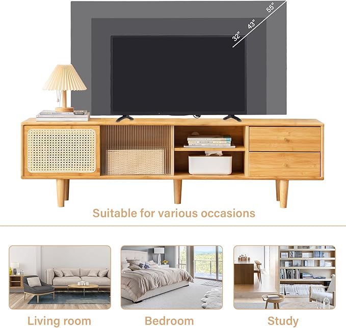 Tiita Rattan TV Stand for 55 65 Inch TV, Bamboo TV Cabinet - Image 5