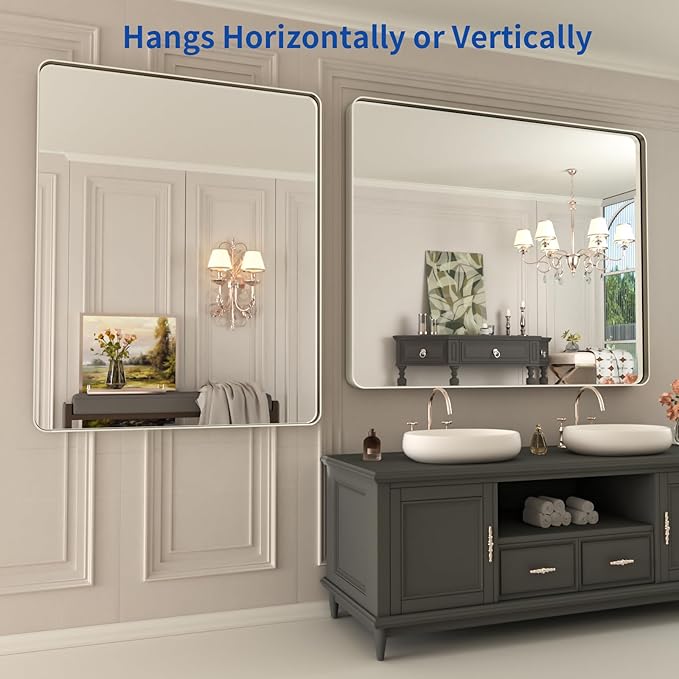 WEER 40X32 Inch Brushed Nickel Bathroom Mirror, Brushed Silver Metal Frame - Image 5