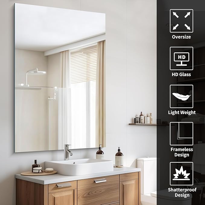 Large Frameless Mirror, 55x36 Frameless Bathroom Mirrors - Image 4