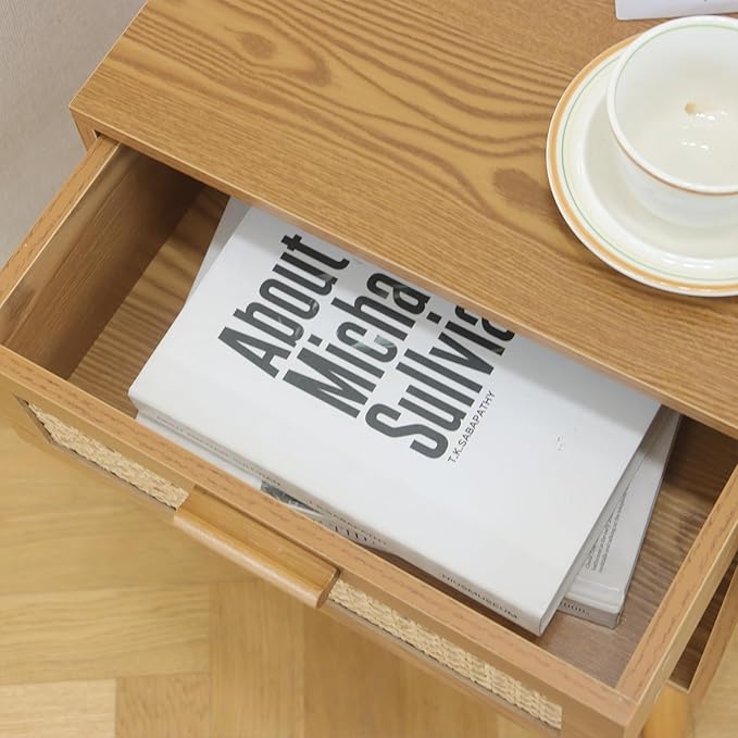 Mid Century Modern Nightstand, Rattan Bedside Table - Image 6
