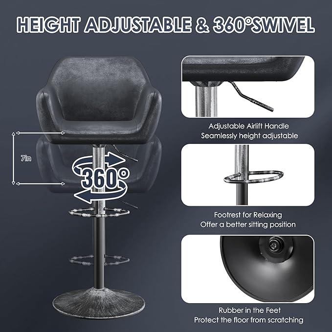 Keyluv Bar Stools Set of 2 for Kitchen Counter Adjustable Height Swivel - Image 5
