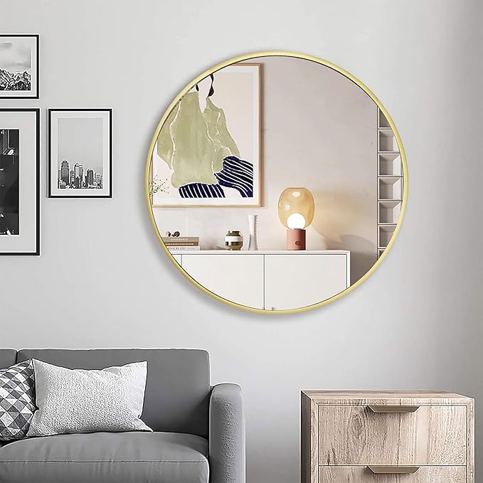 28 inch Gold Frame Mirror for Wall, Brushed Matte Gold Metal Round Mirror for - Image 6