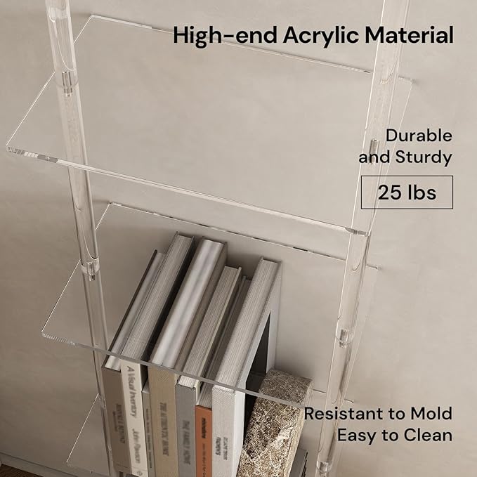 Small Acrylic Ladder Bookshelf, 9.5" D x 15.6" W, 4-Tier Clear Wall Mounted - Image 4