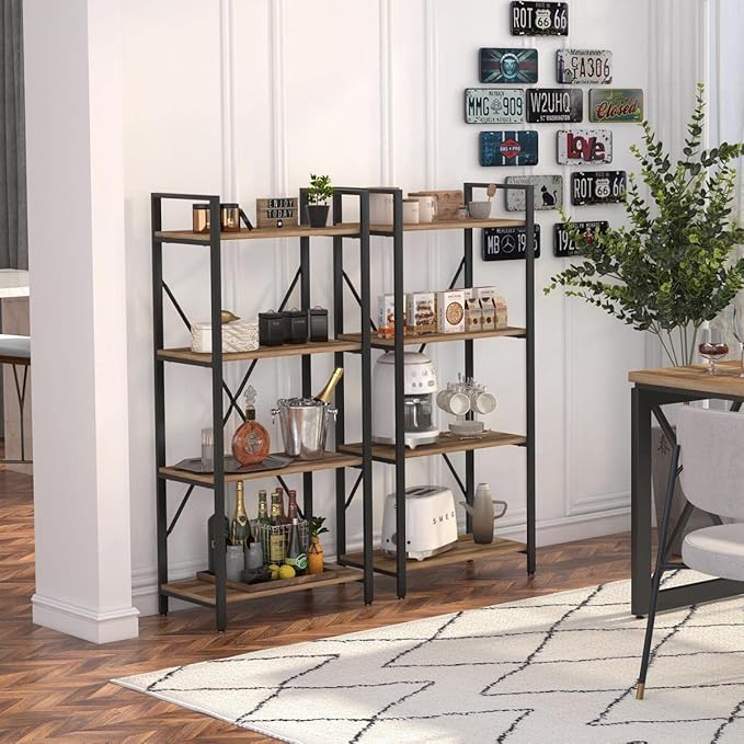 BON AUGURE Industrial 4 Tier Bookshelf, Modern Open Shelving Unit Book Shelves - Image 7