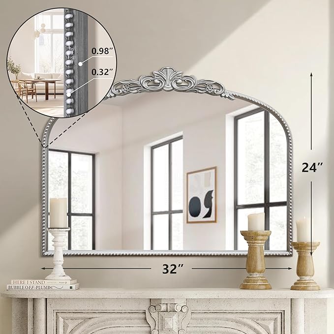 Micasso Silver Vintage Wall Mirror: 24"x 32" French Baroque Antique Arched Wall - Image 4