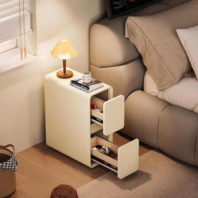 VICITON Modern Narrow Faux Leather Nightstand, Solid Wood Drawer, Storage - Image 7