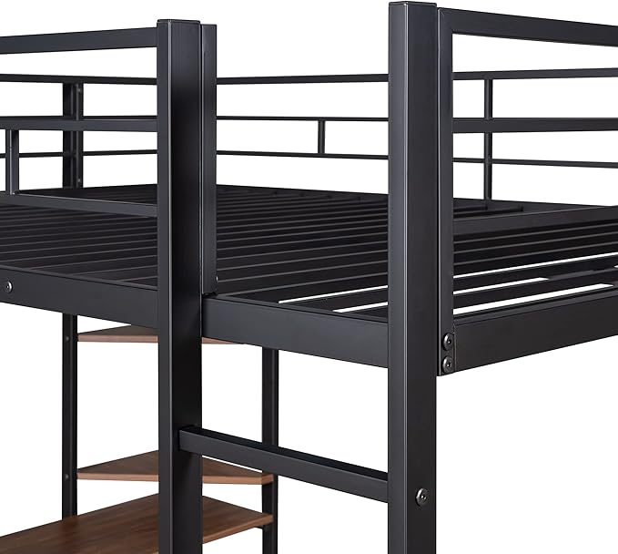 Full Size Metal Loft Bed with 2 Storage Shelves and 1 Desk, Steel Structure Bed - Image 7