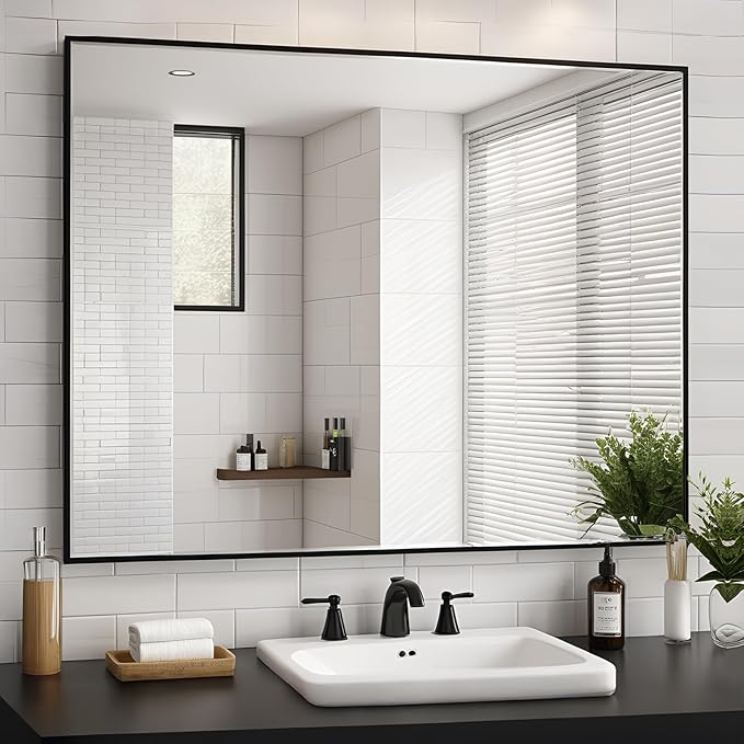 Black Bathroom Mirror 30x40, Rectangle Wall Mirror 30 x 40 inch, Metal Frame by KIMREAL
