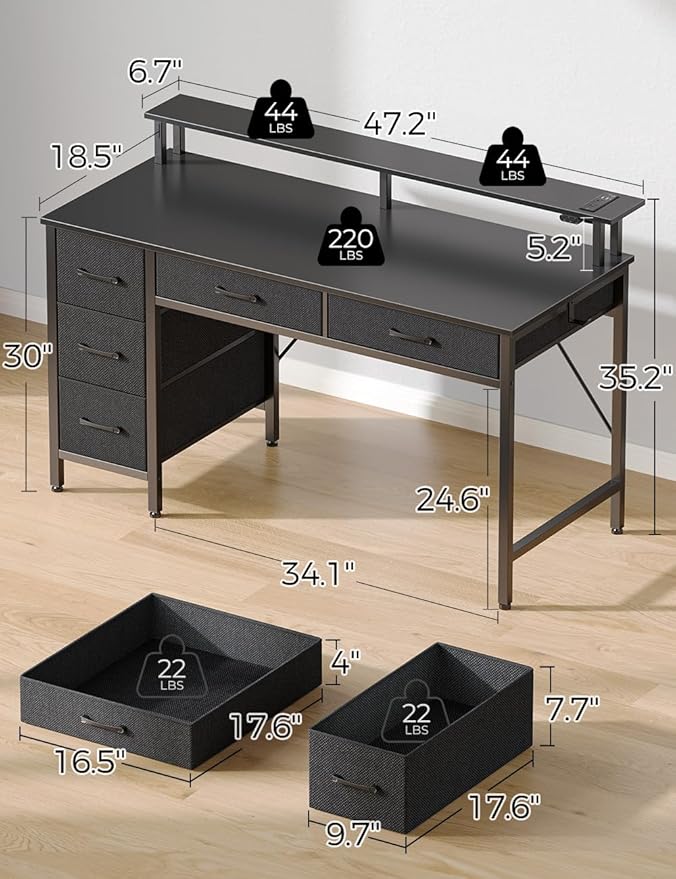 Seventable Computer Desk with Power Outlets & LED Light, 47 inch Home Office - Image 3