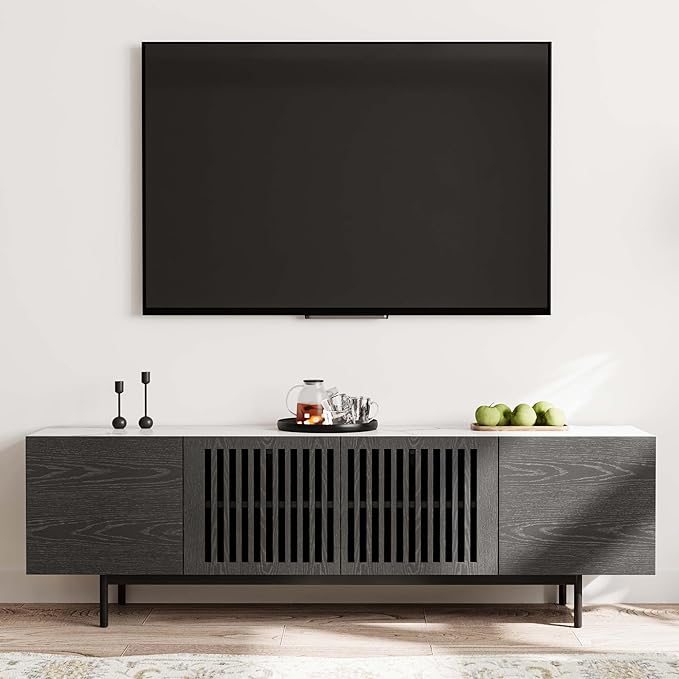 POVISON Mid Century Modern Sintered Stone TV Stand, Slatted Media Console TV - Image 2
